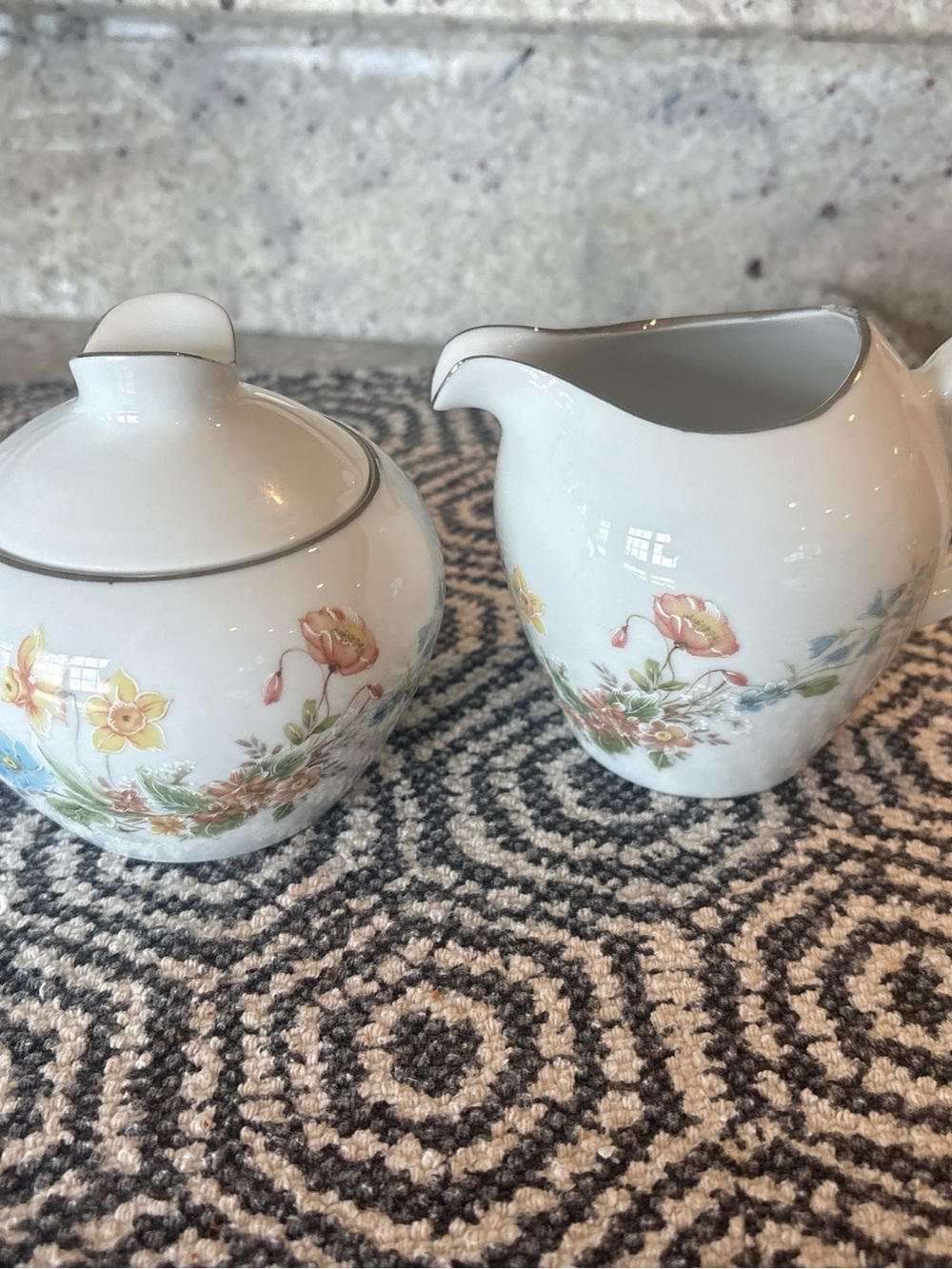 Floral Porcelain Creamer and Sugar Set with Silver Trim